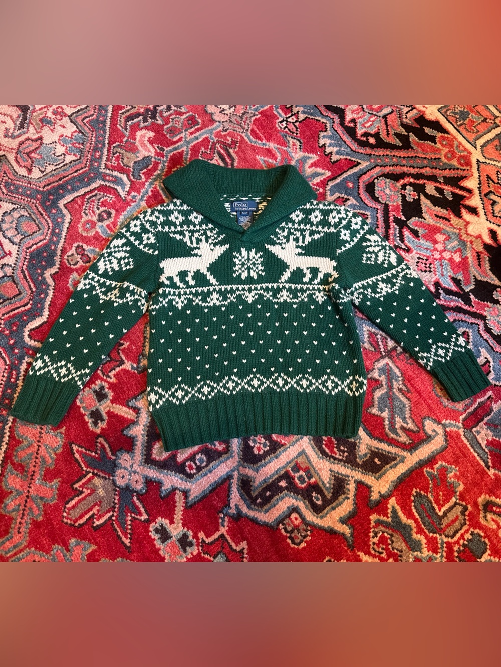 Vintage Ralph Lauren Reindeer Fair Isle Shawl Collar Sweater— Kids 4T